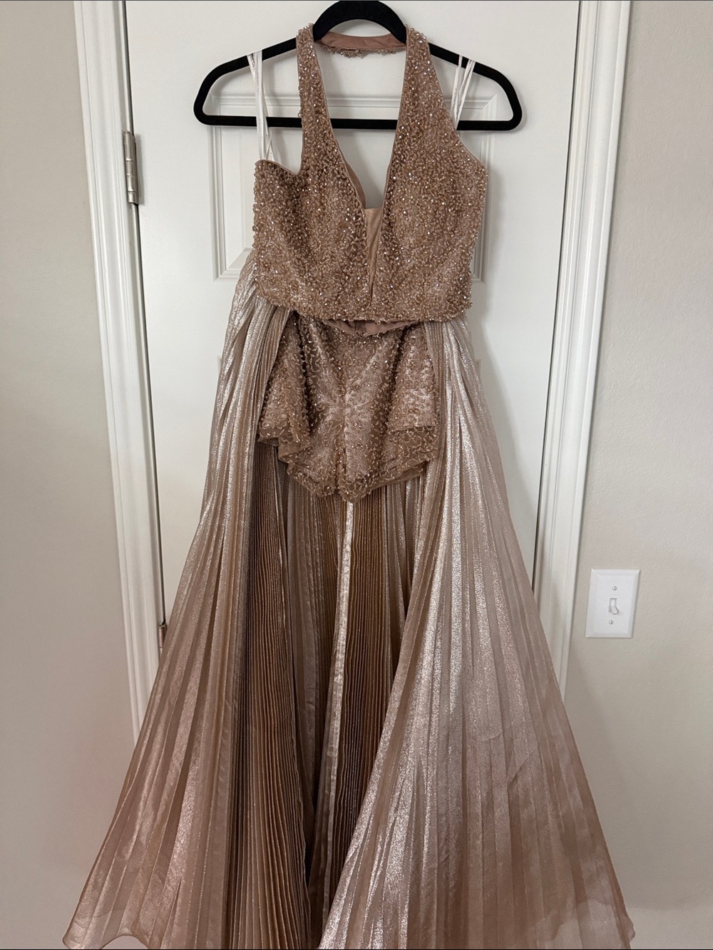 Sherri Hill Glittering Champagne Gold 3-Piece with Pleated Skirt